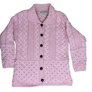 Blarney Woollen Mills Aran Wool Cardigan Sweater Ireland Pink Sz 7-8 Years